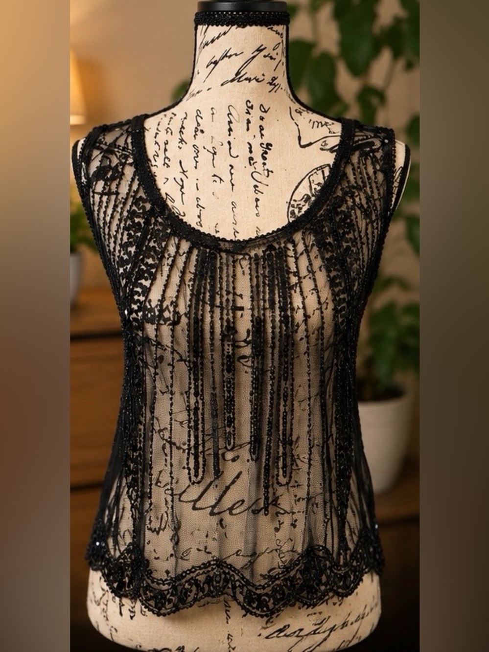 Doe & Rae Black Sheer Beaded Sequin Tank Top Women’s Small